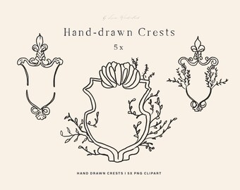 Hand Drawn Crest PNG - Floral Hand Drawn Wedding Crest - Handmade Monogram Logo DIY - Heirloom Vintage Botanical Crest Line Art