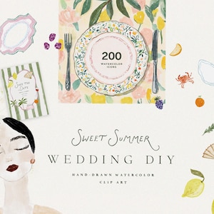 Creador de tarjetas de boda DIY - Iconos de boda en acuarela - Clipart de boda de Amalfi - Clipart de boda de destino - Marcos Whimsy