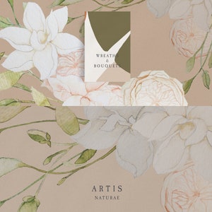 Op de afbeelding: Waterverfillustratie van witte en roze bloemen met groene bladeren op een beige achtergrond. De tekst "Wreaths & Bouquets" en "Artis Naturae" is zichtbaar op de afbeelding.