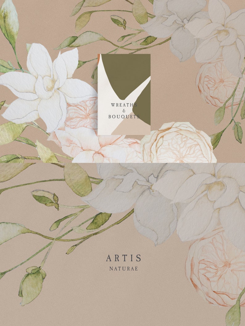 Op de afbeelding: Waterverfillustratie van witte en roze bloemen met groene bladeren op een beige achtergrond. De tekst "Wreaths & Bouquets" en "Artis Naturae" is zichtbaar op de afbeelding.