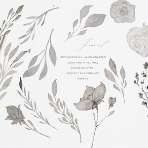 May include: A collection of watercolor illustrations featuring delicate grey flowers and leaves. The illustrations are hand-crafted and have a neutral color palette. The text "Firest" and "AUTHENTICALLY, HAND-CRAFTED LOOK AND A NEUTRAL COLOR PALETTE - PERFECT FOR FINE-ART PAPERY" is also included.