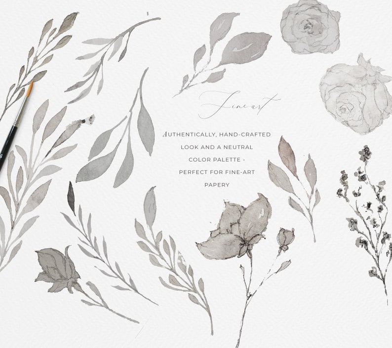 May include: A collection of watercolor illustrations featuring delicate grey flowers and leaves. The illustrations are hand-crafted and have a neutral color palette. The text "Firest" and "AUTHENTICALLY, HAND-CRAFTED LOOK AND A NEUTRAL COLOR PALETTE - PERFECT FOR FINE-ART PAPERY" is also included.