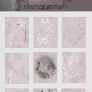 May include: A set of nine digital illustrations featuring delicate floral designs in a soft pink and gray color scheme. The illustrations include floral wreaths, bouquets, and individual flowers, all with a vintage aesthetic. The text "The Secret Garden Designs" is featured on one of the illustrations.