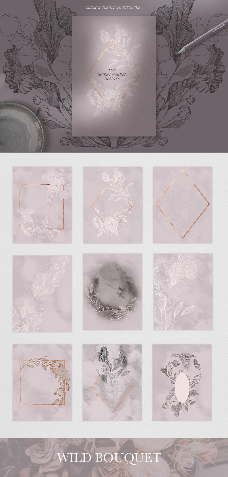 May include: A set of nine digital illustrations featuring delicate floral designs in a soft pink and gray color scheme. The illustrations include floral wreaths, bouquets, and individual flowers, all with a vintage aesthetic. The text "The Secret Garden Designs" is featured on one of the illustrations.