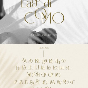 May include: A graphic design image showing a font style called "La di COMO" with a classic ligature font. The image shows the ligatures for the font, including "AA", "A", "BE", "Ba", "Be", "B", "EF", "A", "JE", "U", "la", "le", "lo", "lu", "ME", "M", "MP", "PR", "R", "R", "R", "RAPE", "RO", "WA", "WY", "P", "O", "C", "fe", "fi", "fu", "P", "I", "O".