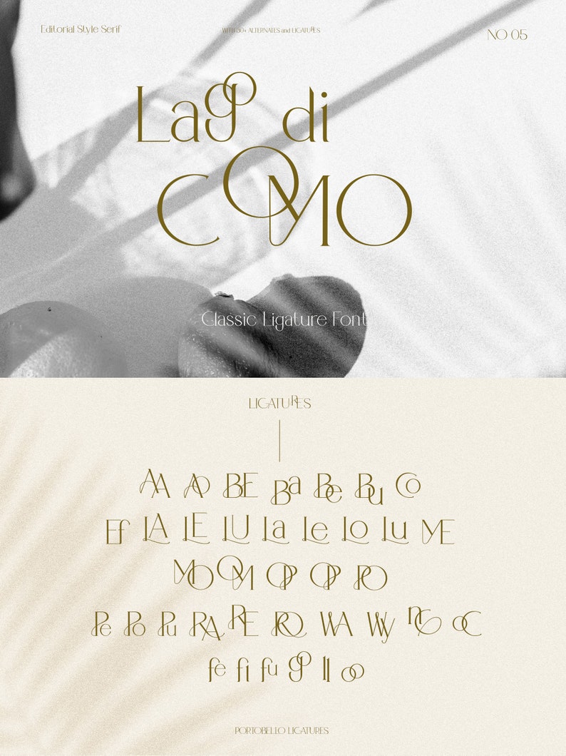 May include: A graphic design image showing a font style called "La di COMO" with a classic ligature font. The image shows the ligatures for the font, including "AA", "A", "BE", "Ba", "Be", "B", "EF", "A", "JE", "U", "la", "le", "lo", "lu", "ME", "M", "MP", "PR", "R", "R", "R", "RAPE", "RO", "WA", "WY", "P", "O", "C", "fe", "fi", "fu", "P", "I", "O".