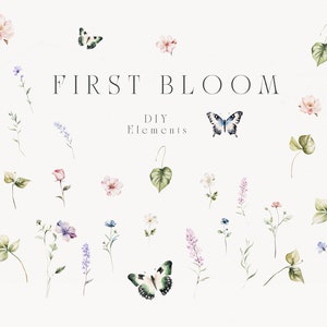 May include: Watercolor illustrations of flowers, leaves, and butterflies. The illustrations are in shades of pink, blue, green, and white. The text "FIRST BLOOM DIY Elements" is written in black at the top of the image.
