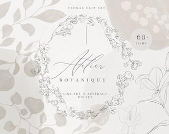 Fine art floral clip art - floral line art illustration - pencil sketch flower - botanical watercolor clipart - abstract shapes clip art
