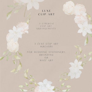 Op de afbeelding: Vijf aquarelbloemkransen en -arrangementen in tinten wit en roze met groene bladeren. De tekst "ARTIS LUXE CLIP ART 5 ETHEREAL CLIP ART ARRANGEMENTS 5 LUXE CLIP ART WREATHS FOR WEDDING STATIONERY, BRANDING OR WALL ART NATURAE" staat op een beige achtergrond.