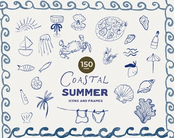Hand Drawn Coastal Icons - Summer Line Art Icons - Dolce Vita Icons - Handmade Icon PNG - Coastal Wedding - Amalfi Coast Icons