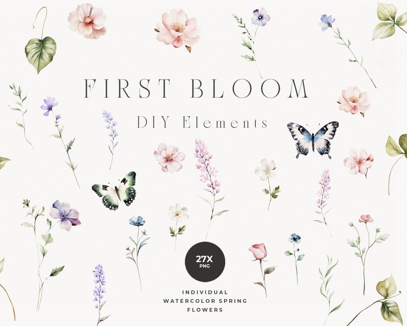 May include: A set of 27 watercolor illustrations featuring spring flowers, butterflies, and leaves. The illustrations are perfect for creating DIY projects, cards, and invitations.