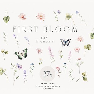 May include: A set of 27 watercolor illustrations featuring spring flowers, leaves, and butterflies. The illustrations are in shades of pink, blue, green, and purple. The text "FIRST BLOOM DIY Elements" is at the top of the image.