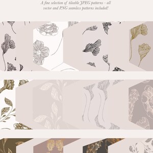 May include: A collection of 30 seamless floral patterns in black, white, and gold. The patterns are tileable and available in JPEG and PNG formats. CLICK & SCROLL.