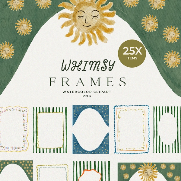 Whimsical Watercolor Frames - Whimsical Frames PNG - Hand Drawn Watercolor Frames - Celestial Watercolor Clipart - Wedding Frame PNG