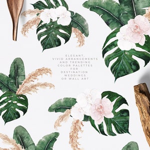 May include: Watercolor illustrations of tropical leaves and orchids in shades of green, white, and pink. The illustrations are perfect for creating invitations, stationery, or phone case designs.