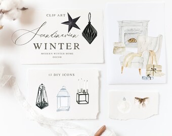 Winter Watercolor Clipart - Watercolor Christmas Icon - Hand Drawn Christmas Watercolor - Christmas Card DIY Watercolor Home Hygge Clip Art