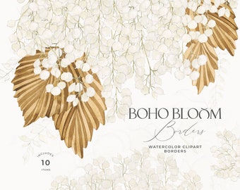 Dried flower clip art - boho flower clip art - boho wedding invitation - floral border - dried palm leaf clipart - boho watercolor border
