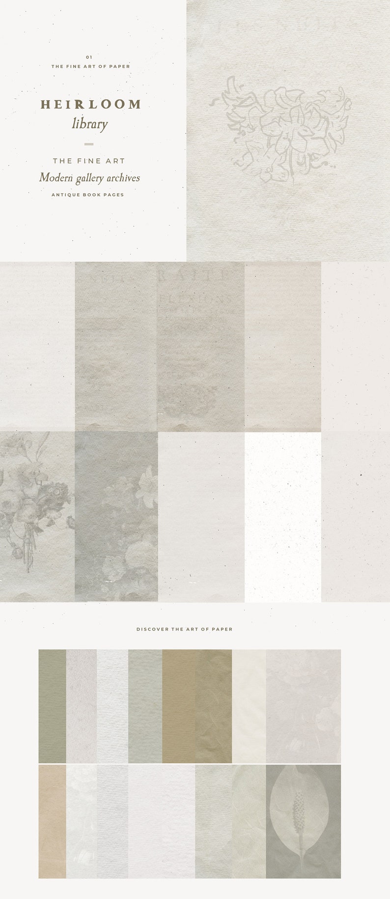 Op de afbeelding: Een collage van verschillende textuurpapiermonsters in verschillende tinten beige, grijs en wit. De papiermonsters zijn gerangschikt in een rasterpatroon. De tekst "DISCOVER THE ART OF PAPER" is onderaan de afbeelding gedrukt.