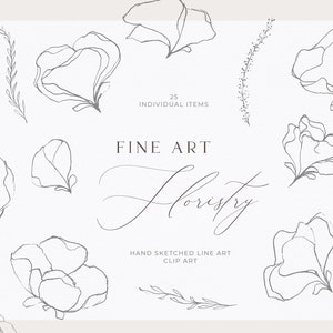 Fine art botanical clip art - fine art wedding - abstract flower illustration - floral pencil sketch - sketch line flower illustration PNG