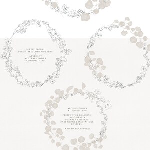 Puede incluir: Conjunto de cuatro coronas florales en una paleta de colores neutros. Las coronas est&aacute;n dibujadas en un estilo de boceto a l&aacute;piz de arte fino. El texto "Floral Clip Art Fine Art Wreaths Fine Art Pencil Sketch & Neutral Bloom" est&aacute; en la parte superior de la imagen. El texto "Subtle Floral Pencil-Sketched Wreaths & Abstract Neutral Flower Compositions" est&aacute; en el centro de la imagen. El texto "Around 5000px at 300 DPI. PNG Perfect for branding, logo design, planner stickers, baby shower invitations, posters and so much more!" est&aacute; en la parte inferior de la imagen.