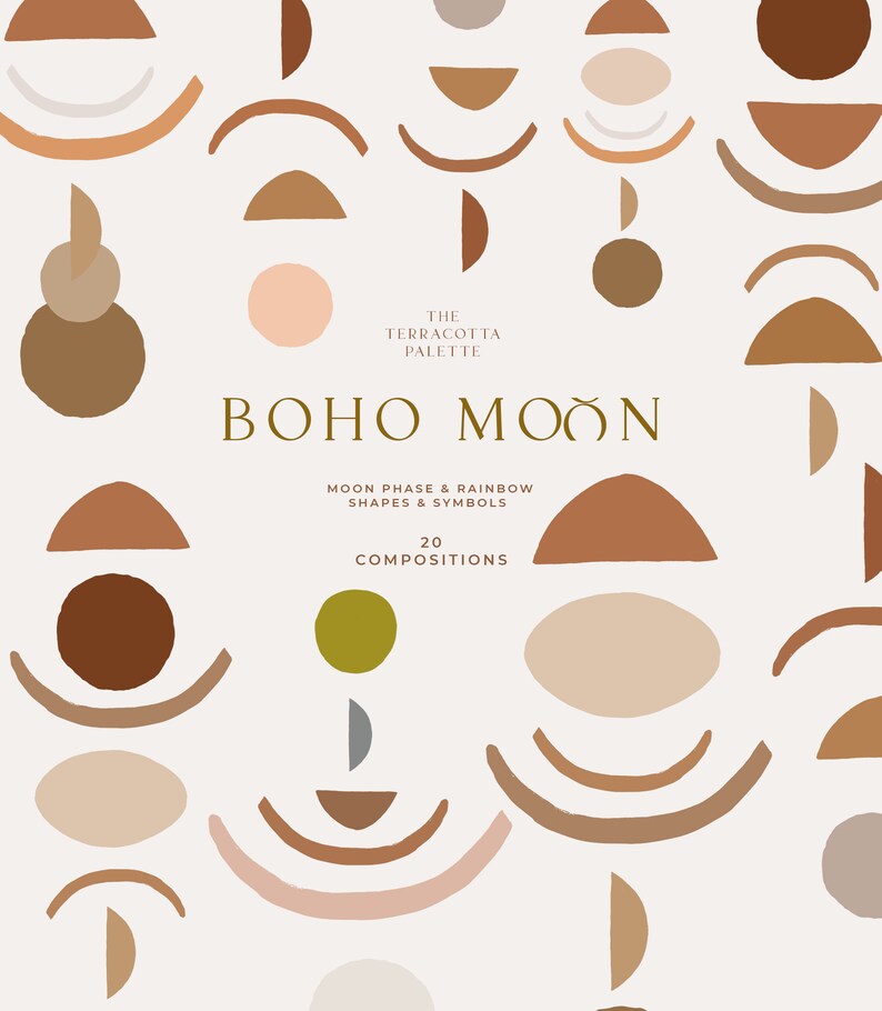 Op de afbeelding: Een digitale illustratie van 20 abstracte composities met maanfasen, regenboogvormen en symbolen in een terracotta kleurenschema. De tekst "BOHO MOON" staat in het midden van de afbeelding.