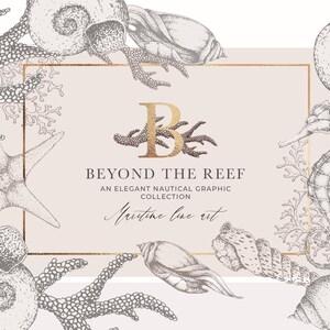 以下が含まれることがあります： 「Beyond the Reef」と「An Elegant Nautical Graphic Collection」と「Maritime Line Art」というテキストが書かれた金色のフレーム。フレームは、ヒトデ、タツノオトシゴ、サンゴ、貝殻など、さまざまな海洋生物のイラストで囲まれています。