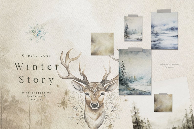 May include: A watercolour illustration with a winter theme. A deer with large antlers is the central focus, surrounded by snowflakes and winter landscape paintings. Text reads "Create your Winter Story".