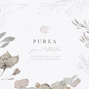 May include: Watercolor illustrations of various floral elements in shades of gray and brown. The text "PUREA fine art illustrations WATERCOLOR CLIP ART DIGITAL DOWNLOAD" is displayed below the floral elements.