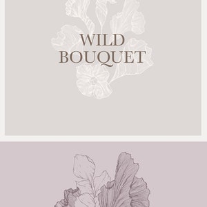 May include: A graphic design for a floral business called "Wild Bouquet". The logo features a stylized drawing of flowers in a white outline on a light purple background. The text "Wild Bouquet" is in a brown font. The text "Discover Bouquets & Ensembles" is in a brown font on a light purple background. The text "Elegant Wedding Invites" is in a brown font on a light purple background. The text "Wild Bouquet elegant floral styling" is in a brown font on a light purple background.