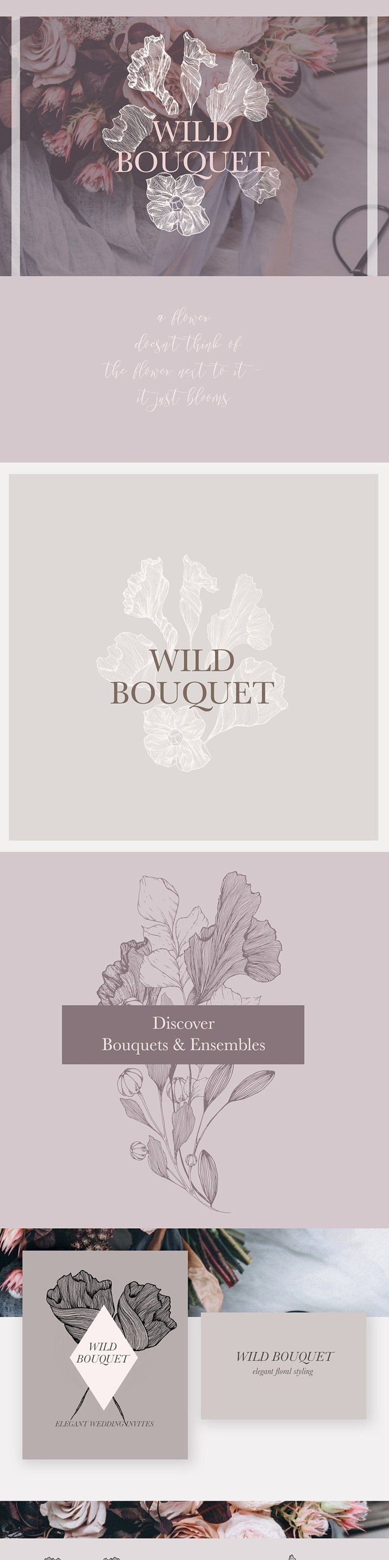 May include: A graphic design for a floral business called "Wild Bouquet". The logo features a stylized drawing of flowers in a white outline on a light purple background. The text "Wild Bouquet" is in a brown font. The text "Discover Bouquets & Ensembles" is in a brown font on a light purple background. The text "Elegant Wedding Invites" is in a brown font on a light purple background. The text "Wild Bouquet elegant floral styling" is in a brown font on a light purple background.