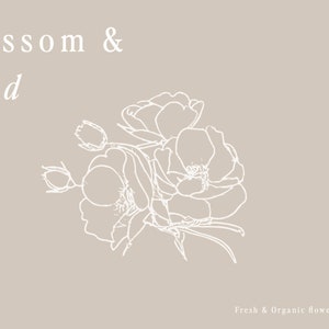 Puede incluir: Dibujo de l&iacute;nea blanca de un ramo de flores sobre un fondo marr&oacute;n claro. El texto "Blossom & Wild" est&aacute; en la parte superior de la imagen. El texto "Fresh & Organic Flowers, delivered" est&aacute; en la parte inferior de la imagen.