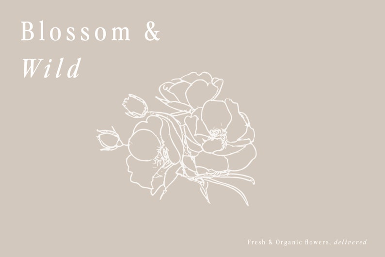 Puede incluir: Dibujo de l&iacute;nea blanca de un ramo de flores sobre un fondo marr&oacute;n claro. El texto "Blossom & Wild" est&aacute; en la parte superior de la imagen. El texto "Fresh & Organic Flowers, delivered" est&aacute; en la parte inferior de la imagen.