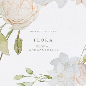 Op de afbeelding: Waterverf bloemenclipart met een delicate opstelling van witte en roze bloemen met groene bladeren. De tekst "WATERCOLOR CLIP ART" en "FLORA FLORAL ARRANGEMENTS" wordt in het midden van de afbeelding weergegeven.