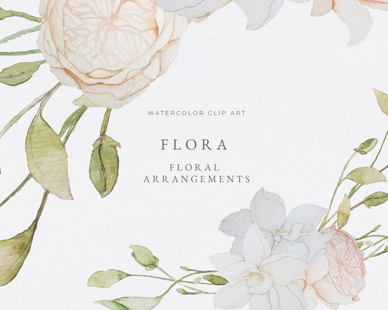 Op de afbeelding: Waterverf bloemenclipart met een delicate opstelling van witte en roze bloemen met groene bladeren. De tekst "WATERCOLOR CLIP ART" en "FLORA FLORAL ARRANGEMENTS" wordt in het midden van de afbeelding weergegeven.