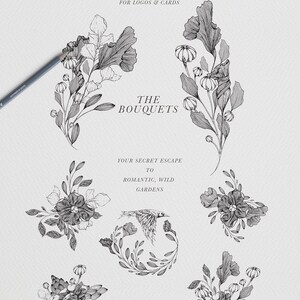 May include: A set of black and white floral illustrations, including wreaths, bouquets, and individual flowers. The text "The Bouquets" is featured in the center of the image. The text "Your Secret Escape to Romantic, Wild Gardens" is also included.