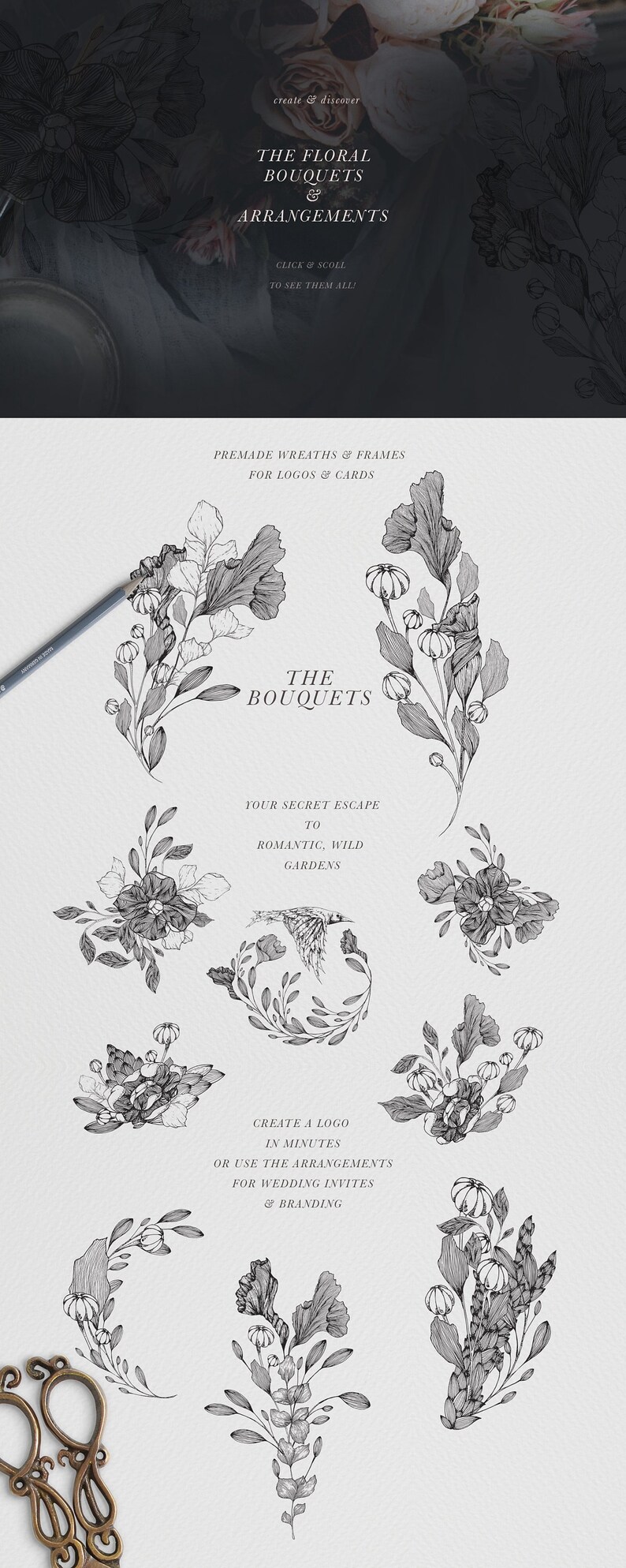 May include: A set of black and white floral illustrations, including wreaths, bouquets, and individual flowers. The text "The Bouquets" is featured in the center of the image. The text "Your Secret Escape to Romantic, Wild Gardens" is also included.