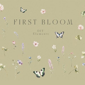 May include: A set of watercolor illustrations featuring butterflies, flowers, and leaves. The illustrations are perfect for DIY projects, scrapbooking, or card making. The text "FIRST BLOOM DIY Elements" is included in the image.