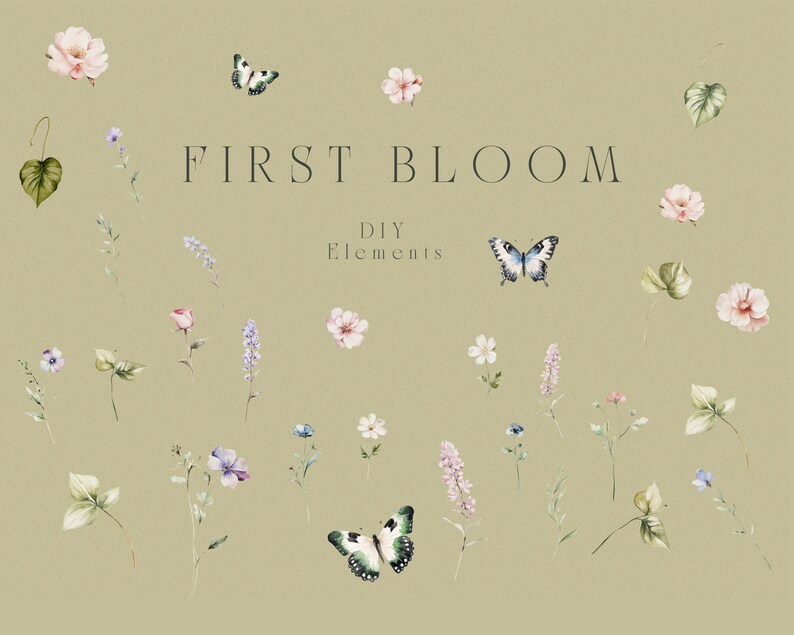 May include: A set of watercolor illustrations featuring butterflies, flowers, and leaves. The illustrations are perfect for DIY projects, scrapbooking, or card making. The text "FIRST BLOOM DIY Elements" is included in the image.