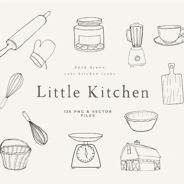 Hand Drawn Bakery Icons, Line Art Kitchen Illustration, Kitchen Icons, Rustic Autumn Clipart, Sweet Countryside Clipart, Kitchen Clipart PNG