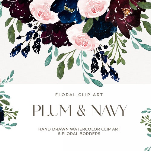 Burgundy Navy Blush Watercolor Floral Clipart Flowers Clip Art - Etsy