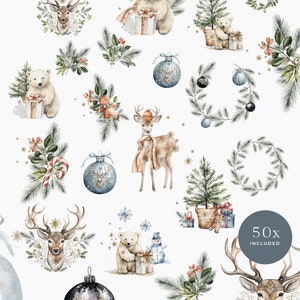 May include: Watercolour illustrations of winter arrangements, including deer, polar bears, Christmas baubles, wreaths, and pine branches. The text at the top reads "sweet Winter Arrangements" and "seasonal ensembles for elevated designs".