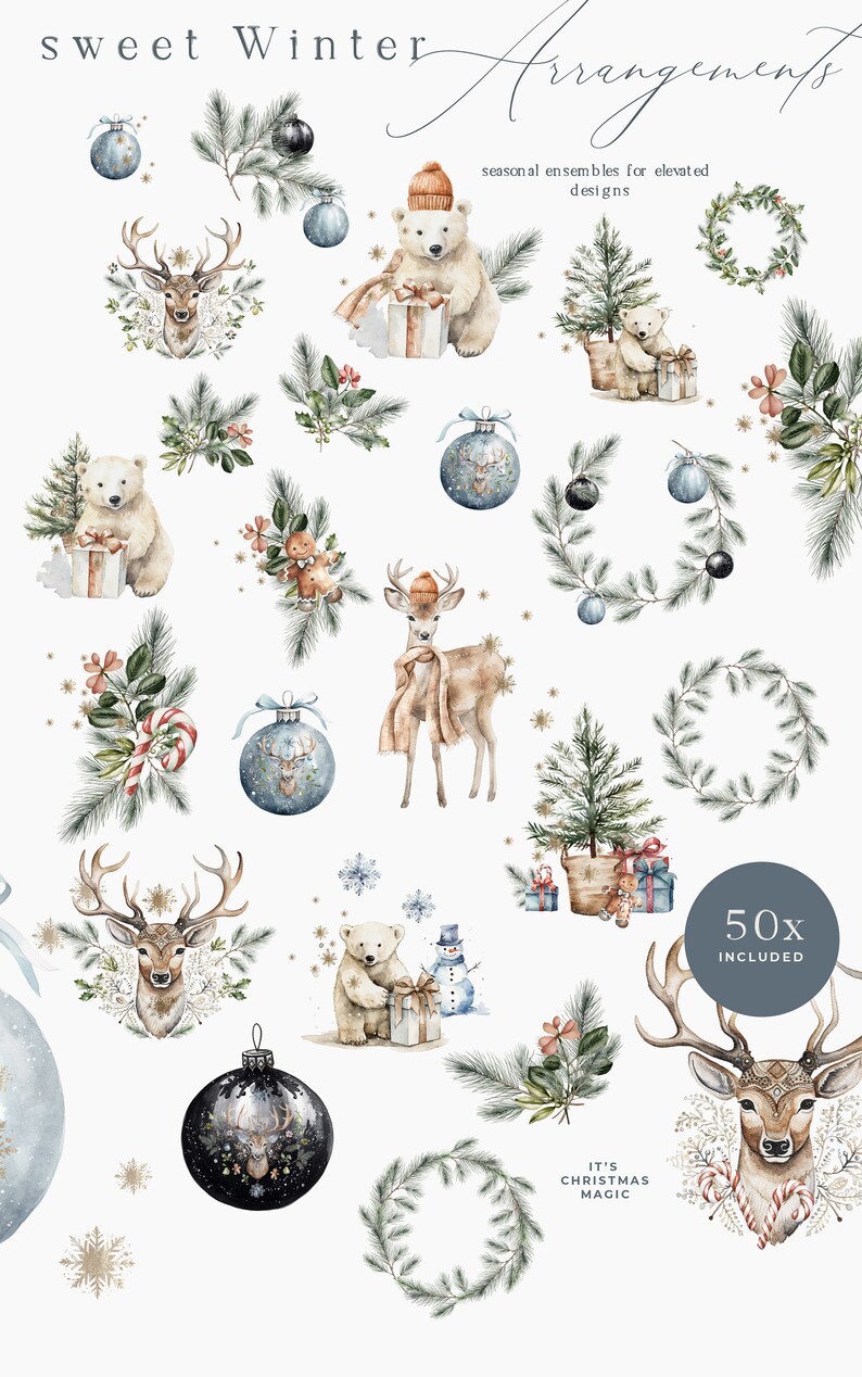 May include: Watercolour illustrations of winter arrangements, including deer, polar bears, Christmas baubles, wreaths, and pine branches. The text at the top reads "sweet Winter Arrangements" and "seasonal ensembles for elevated designs".