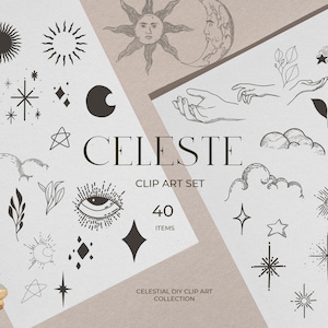 Peut inclure: Un ensemble de 40 illustrations de clip art sur le thème céleste en noir et blanc. Les illustrations comprennent des étoiles, des lunes, des nuages, des mains, des yeux et des feuilles. Le texte "CELESTE CLIP ART SET 40 ITEMS CELESTIAL DIY CLIP ART COLLECTION" est imprimé sur la page.