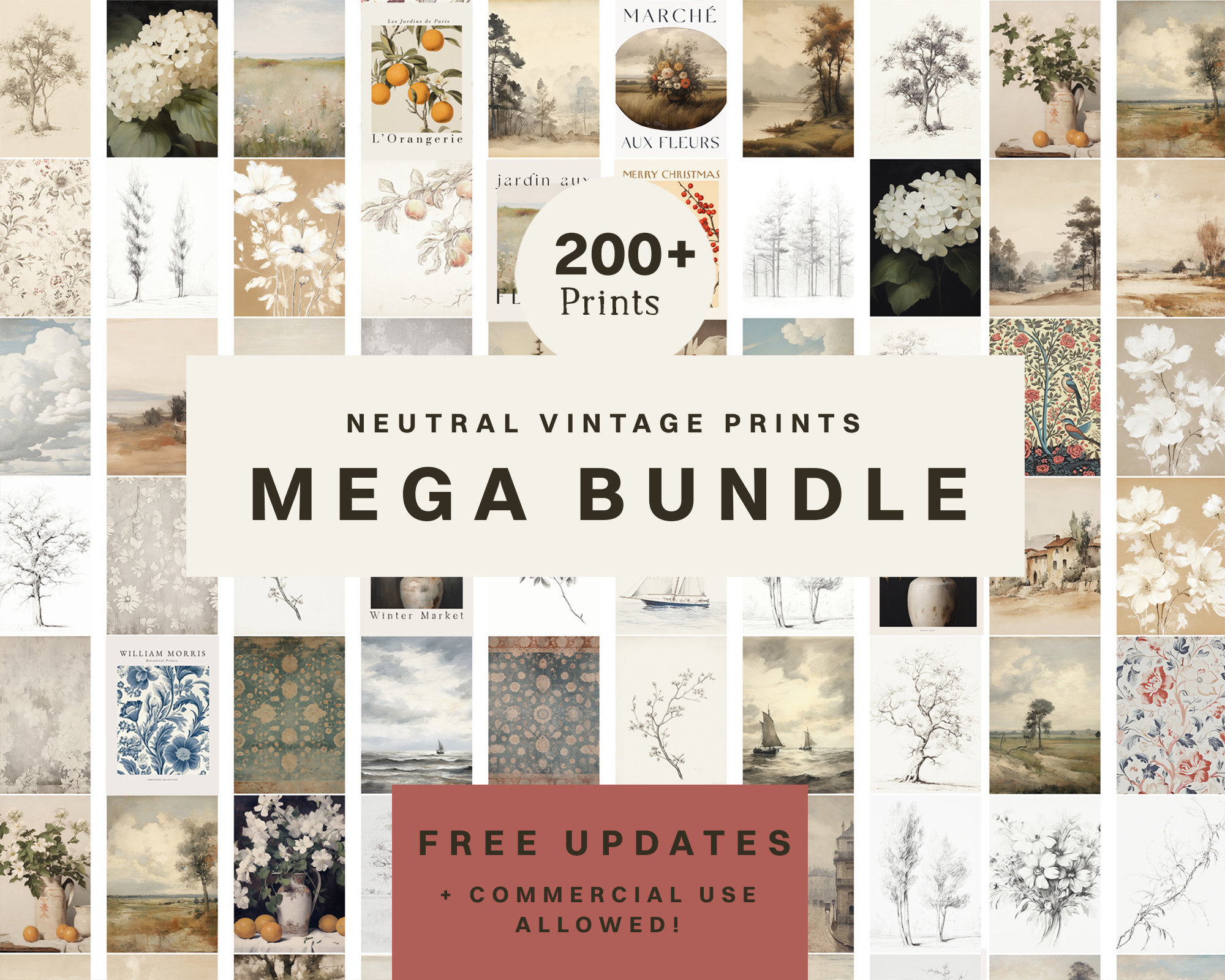 200 Neutral Vintage Prints Mega Bundle - Retro Printable Bundle - Eclectic Prints Gallery Wall Set - Commercial Use Poster Bundle