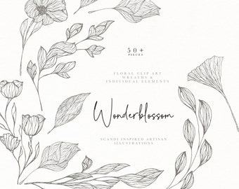 Botanical line art, floral clipart, floral vector illustration, floral wreath clipart, hand sketched flower, rustic sweet scandi clip art