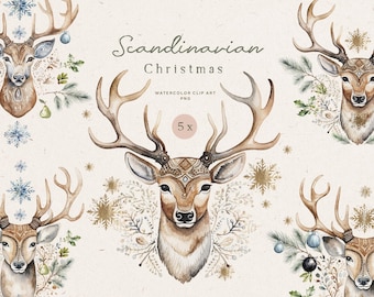 Hand Drawn Christmas Watercolor Deer Antler Clipart - Handmade Scandi Holiday Clip Art