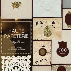 Puede incluir: Una colección de productos de papel vintage, incluyendo sobres, tarjetas y elementos decorativos. La imagen presenta intrincados diseños de encaje, detalles dorados y el texto "HAUTE PAPETERIE Vintage Paper". La paleta de colores incluye crema, marrón y dorado.