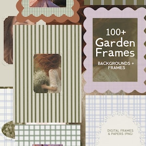Può includere: Un collage digitale di cornici e sfondi a tema giardino. L'immagine presenta vari design di cornici, tra cui strisce, quadri e bordi smerlati. Il testo recita "100+ Garden Frames". La tavolozza dei colori comprende verdi, marroni e tonalità pastello.