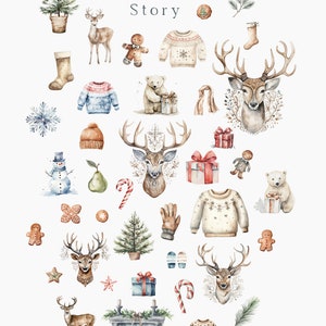 May include: A watercolour illustration featuring winter-themed elements. Includes deer, sweaters, polar bears, gingerbread men, snowflakes, Christmas trees, mittens, and a fireplace. Text reads "The Winter Story".