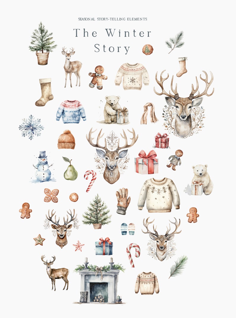 May include: A watercolour illustration featuring winter-themed elements. Includes deer, sweaters, polar bears, gingerbread men, snowflakes, Christmas trees, mittens, and a fireplace. Text reads "The Winter Story".